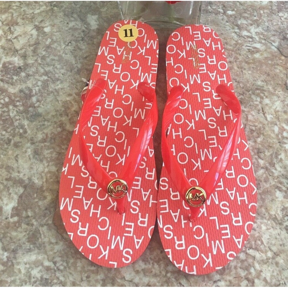 NEW MICHAEL KORS FLIP FLOP MANDARIN LOGO PRINT GOLD MK LOGO SIZE 11, $69.99